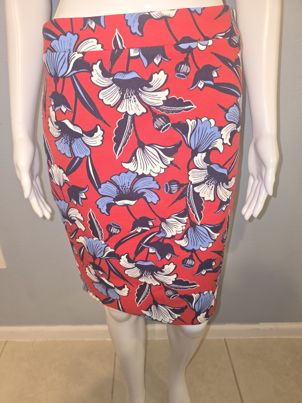J. Crew Red Floral Skirt with Blue Accents